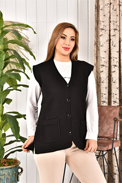 restinatriko Kadın Düğmeli Triko Anne Yeleği Büyük Beden Silim Fit Tüylenmez Cepli Rahat Kesim Fitilli