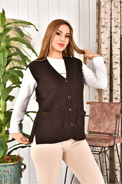 restinatriko Women's Buttoned Knitwear Mother's Vest Large Size with Pockets ...