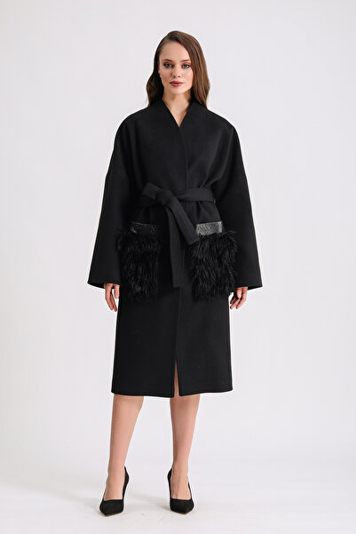 Leather Club Siyah Piton Aksesuarlı Kaşmir Kaban