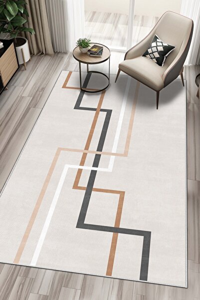 Lavita Home Dijital Baskı Yıkanabilir Kaymaz Bej Salon Halısı Mutfak Halısı Y...
