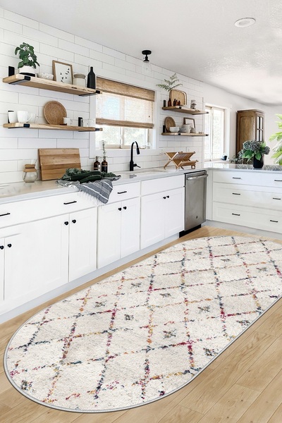 Lavita Home Dijital Baskı Yıkanabili Kaymaz Beyaz Oval Salon Halısı Mutfak Ha...