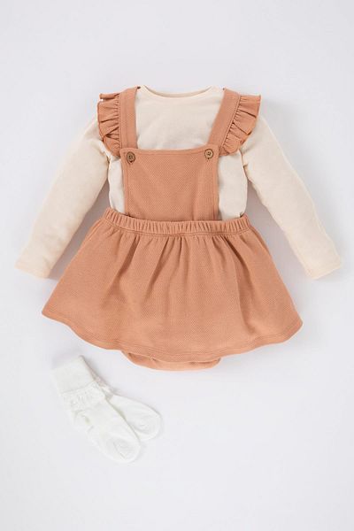 DeFacto Baby Girl Long Sleeve T-Shirt, Salopet Dress, Pantyhose 3-Piece Set