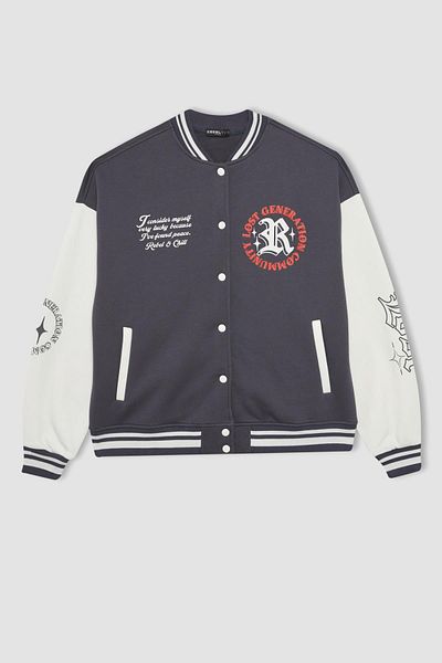 DeFacto Oversize Bomber Jacket - College Collar, potisk na zádech, kapsy, zapínání na patentky B3537ax23wn