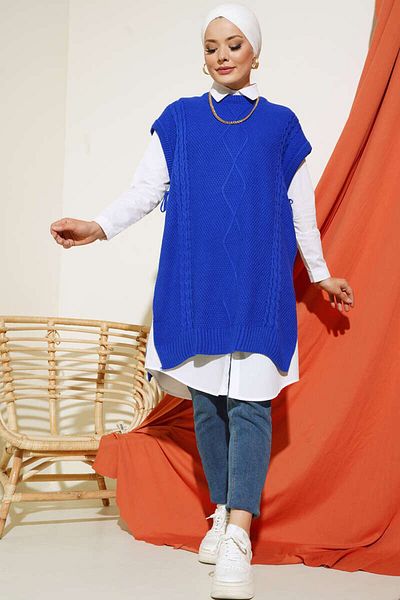 benguen 11010 Strickpullover mit seitlichem Bindeband, Saks-Blau