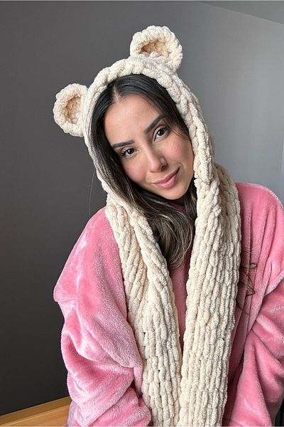 BUBOI KNIT Combined Scarf Hat Set - Teddy Bear Ear, Hand Knitted (Cream)