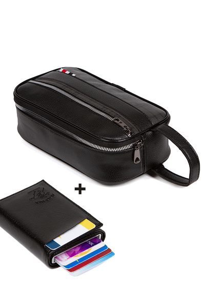 Linatigers Men's Leather Portfolio Travel Shaved Black Hand Bag And Aluminum Mechanism Card Holder Set