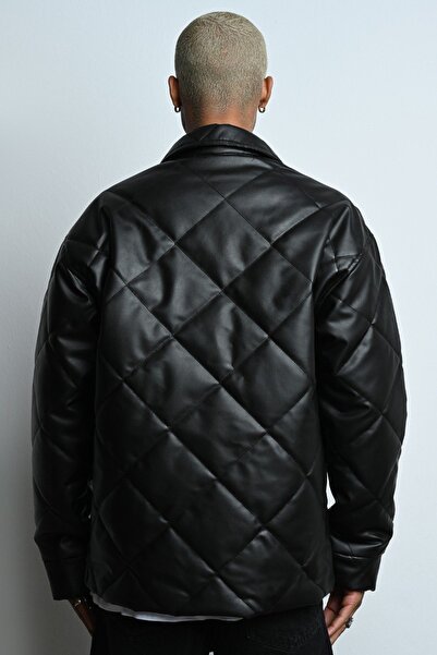 İLKCET MODA Double Pocket Lined Leather Quilted Coat