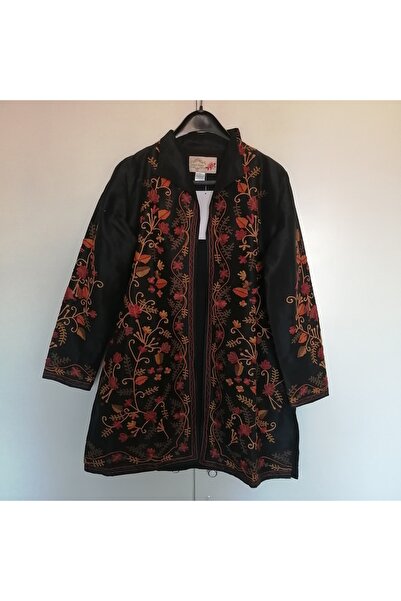 Desert Rose Kadın otantik polyester siyah çok renkli iplik çiçek nakışlı cepl...