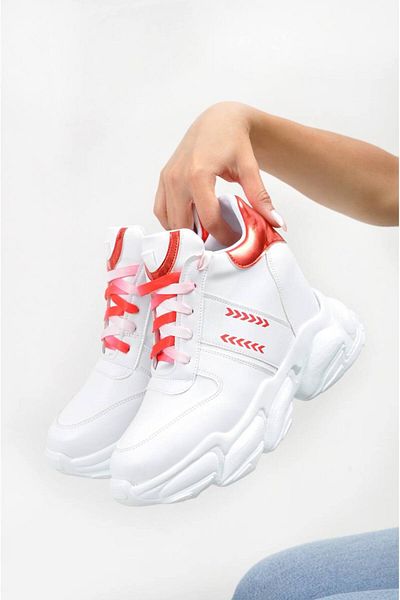 Lady women's white and red wedge-heeled sneakers