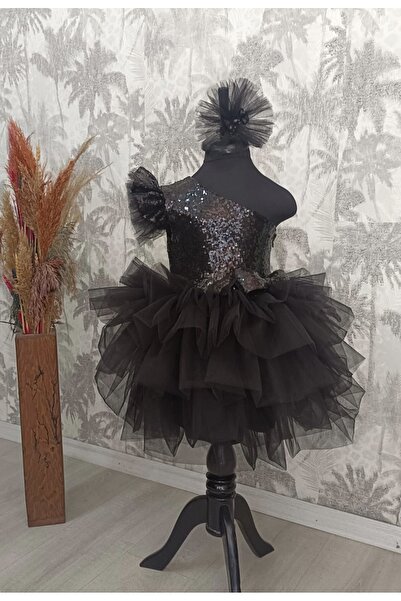 babysmile Tek Omuz Kol Detaylı  Siyah  Tütülü Kız Çocuk Elbise