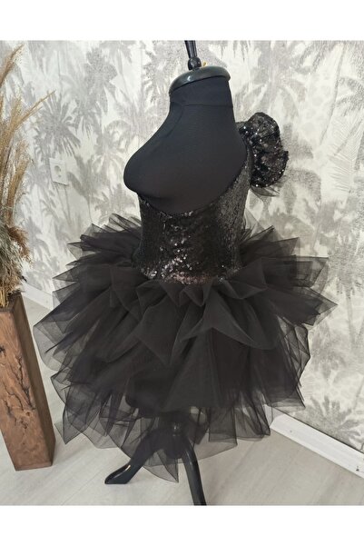 babysmile Tek Omuz Kol Detaylı  Siyah  Tütülü Kız Çocuk Elbise