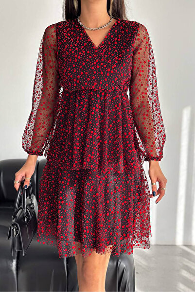 Neşeli Butik kadın tül astarlı mini elbise KKLF41 - Kırmızı