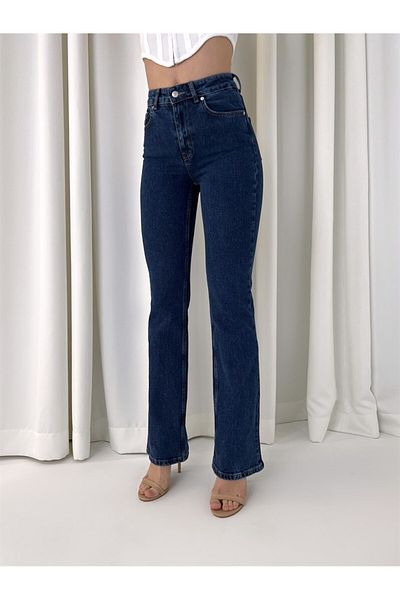 TugsatTasarTekstil Sofia Albastru Inchis Extra Înalt Talie Spaniolă Picior Flare Jean Pantaloni Denim Femei