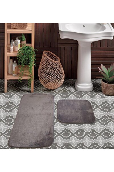 Dinarsu DİNARSU Kaymaz Taban Banyo Paspası Peluş 2'li Klozet Takımı Gri Yıkan...