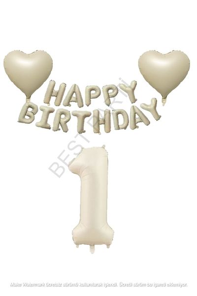 BEST PARTİ DOĞUM GÜNÜ PARTİ SÜSLERİ Beige Color Happy Birthday Set Heart and Number Foil Balloon Set Age 1