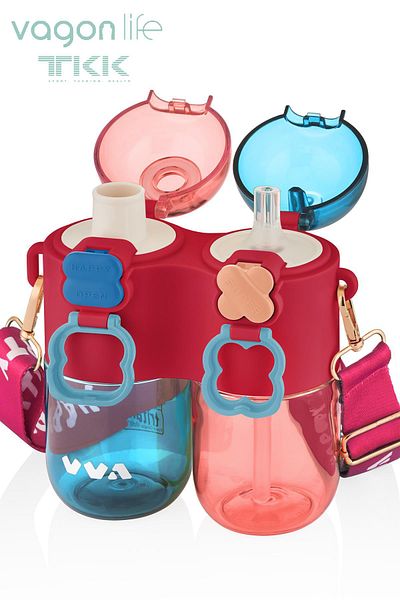 Vagonlife TKK Single Body Double Bowl 2*400 800ml Liquid Capacity with Neck Strap with Straw / Comfortable Drinking Tritan Flask