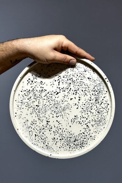 betonmall Decorative Terrazzo Round Tray 26 Cm Concrete Marble Patterned Presentation Organizer Tray Marble