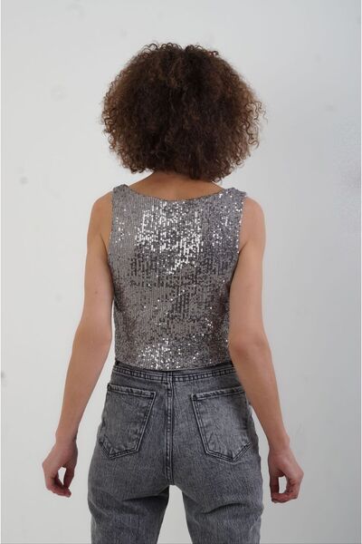 Zelish My Sister Γκρι Sequin Sequined Crop Tank Top