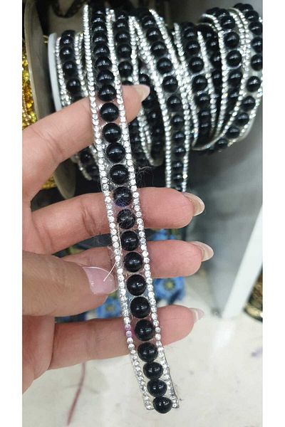 ESRA ŞELEM Iron-On Black Bead Detailed Rhinestone Strip Decorative Strip Accessory Hobby