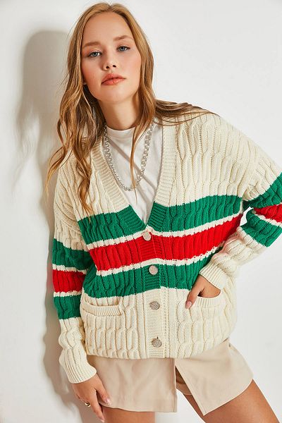 Bianco Lucci Damen-Strickjacke mit Streifen und Knöpfen