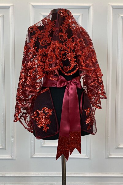 ZEYMERADE طقم حجاب زفاف أحمر كلاريت، طقم حجاب حناء مطبوع عليه بريق لامع 4 قطع