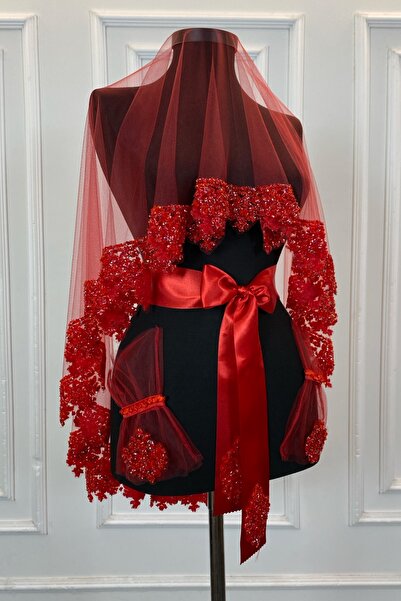 ZEYMERADE Kırmızı Gelin Duvak Seti, Cam Boncuk ve Pul Baskılı Kına Duvağı Seti 6 Parça