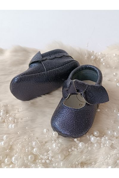 Hodore Alice Silvery Navy Blue Genuine Leather Baby Loafer Booties
