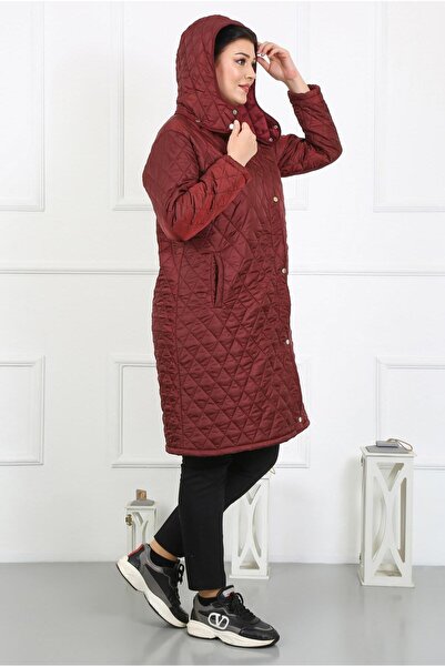 By Alba Collection Women's Burgundy Long Diamond Slice Quilted Large Size Coat
