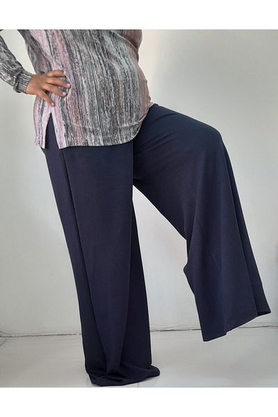 Mertcan Butik Navy blue elasticated summer wide-leg combed cotton viscose trousers skirt with a waist bodice