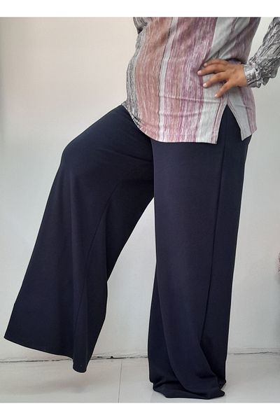 Mertcan Butik Navy blue elasticated wide-leg steel knitted trouser skirt with a waist bodice