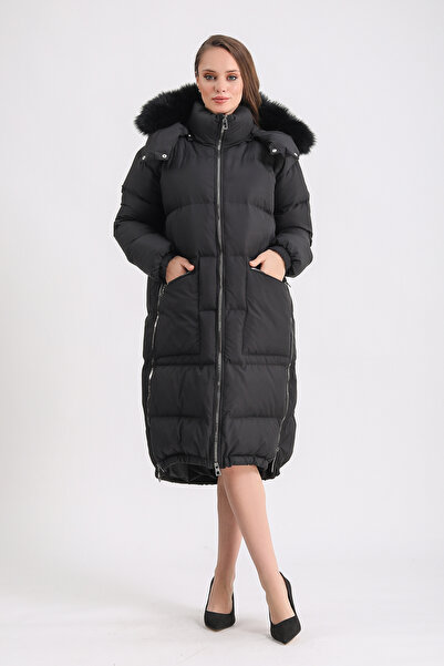 Leather Club Siyah Fox Aksesuarlı Puffer Kaban
