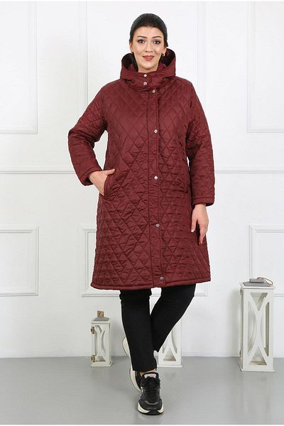 By Alba Collection Palton de damă bordeaux, lung cu diamante, matlasat, dimensiuni mari