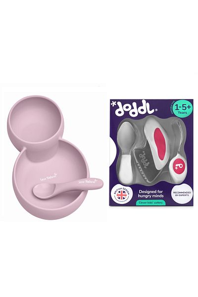 DODDL Pink Magenta and Silicone Twin Plate Fork Spoon Knife Set
