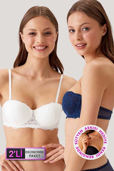 Pierre Cardin Economic Pack of 2 Ecru Navy Blue 6202-2 Siena Underwire Σετ σουτιέν με στράπλες δαντέλα χωρίς υποστήριξη