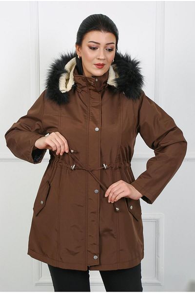 By Alba Collection Дамско кафяво палто с качулка от плат Bondit, голям размер