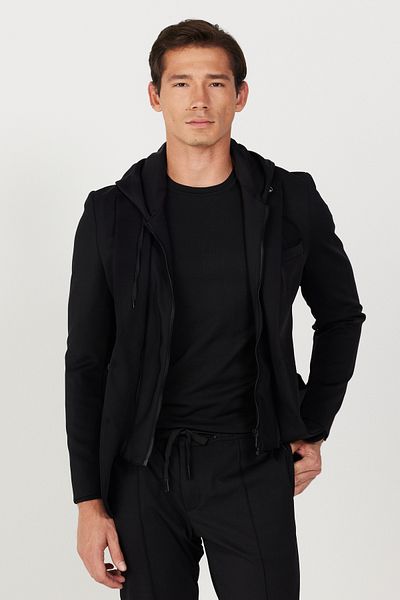 ALTINYILDIZ CLASSICS Men's Black Slim Fit Slim-Fit Mono Collar Cotton Patterned Blazer Jacket