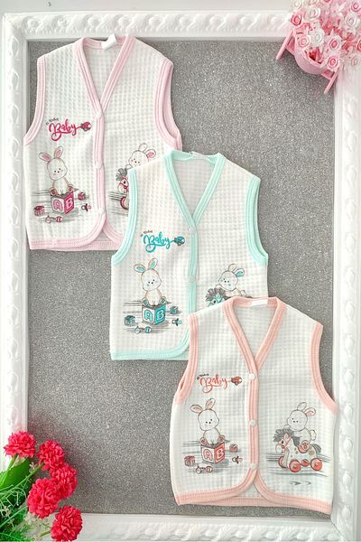 dubi baby Baby Girl Rabbit Patterned 3-Piece Quilted Baby Vest with Snaps on the Front
