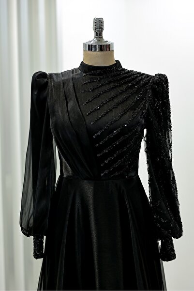 Rana Zenn Organze Boncuklu Dantel İşlemeli Güneş Abiye Siyah