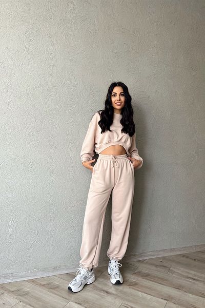 Seda Yalçın Atelier Beige Long Sleeve Crop Tracksuit Set
