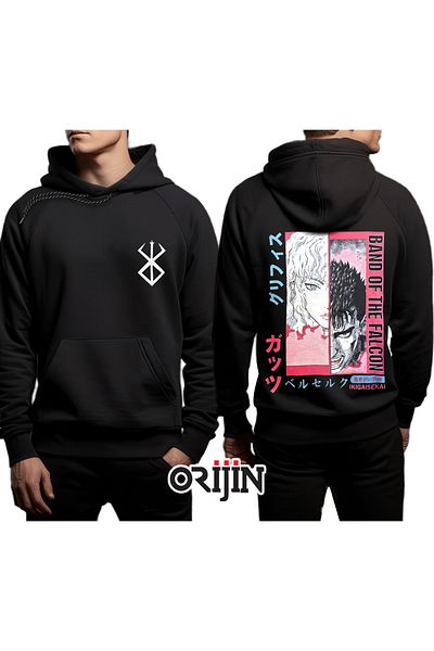 Orijin Tekstil Черен суитшърт с качулка Berserk Band of The Falcon Ikigaisekai с щампа отпред и отзад