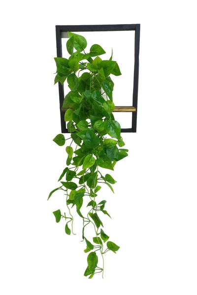 DDTREND Ahşap Çerçeve Raflı Saksıda Sarkan Kalp Yapraklı 5 Dal Sarmaşık Yapay Çiçek