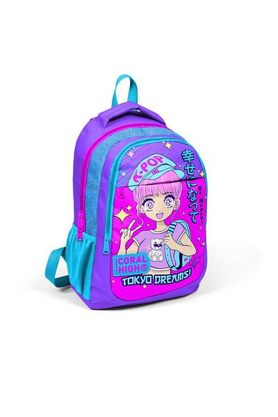 Coral High Rucsac școlar cu trei compartimente pentru copii, violet, roz, albastru, cu sclipici, cu model K-Pop 14403