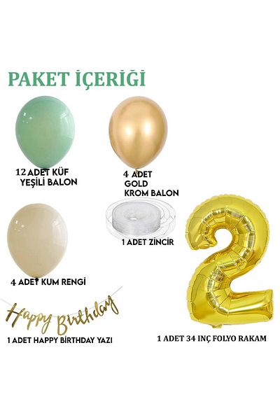 Patladı Gitti 2 Year Old Mold Green Sea Sand and Chrome Gold Balloon Concept Birthday Set