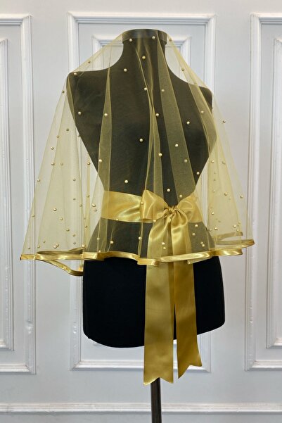 ZEYMERADE Gold Biyeli Bol İncili Gelin Duvak Seti, Kına Örtüsü