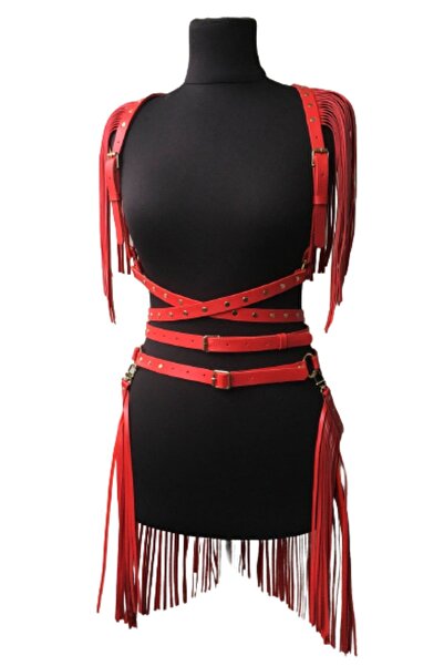 TİESSİ Γυναικεία κόκκινη μάσκα σέξι φανταχτερή στολή με λεπτομέρεια φούντας και ζώνη μέσης