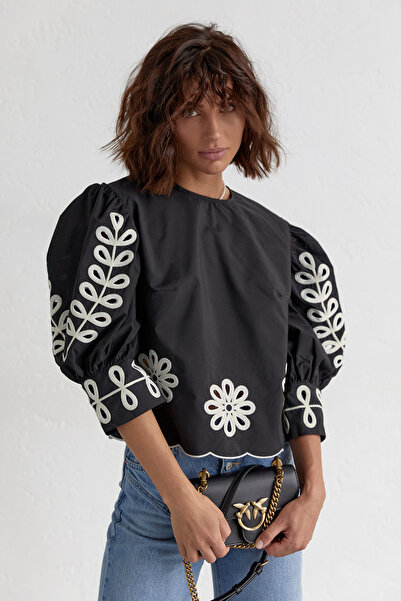 FEMELLE Women's Black New Season Embroidered Balloon Sleeve Blouse