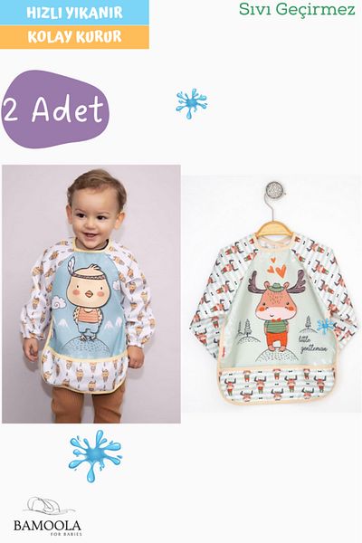 Bamoola Pack of 2 Chick and Deer Patterned Long Sleeve Baby Food Bibs
