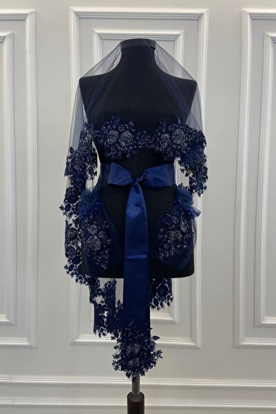 ZEYMERADE طقم حجاب الزفاف Vip باللون الأزرق الداكن، طقم حجاب الحناء