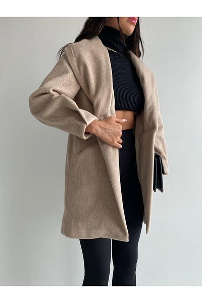 LB Laluna Butik Γυναικείο μανίκι με πέτο με πλισέ Λεπτομερές παλτό τσέπης