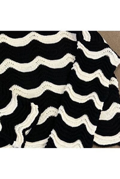 MİLAWOMAN ZIGZAG PATTERN, VERTICAL COLLAR, SCARFED, LONG SLEEVE, TREND, ELEGANT BLACK AND WHITE SWEATER (FITS SIZES XS, S, M, L)